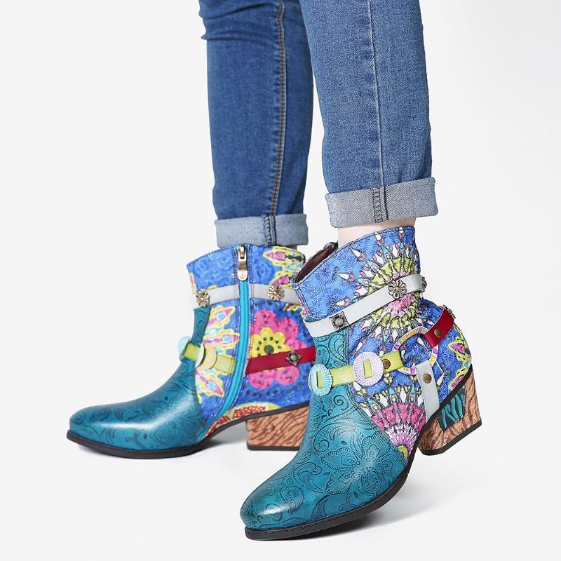 Dames Tribal Printing Splicing Blue Zipper Low Heel Rubber Short Boots