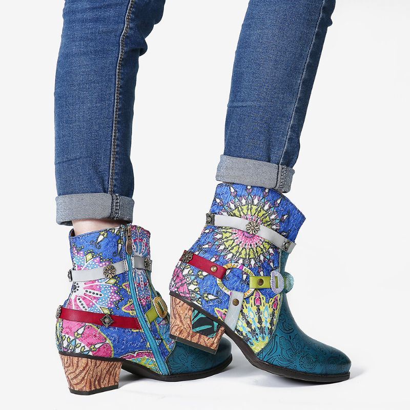 Dames Tribal Printing Splicing Blue Zipper Low Heel Rubber Short Boots