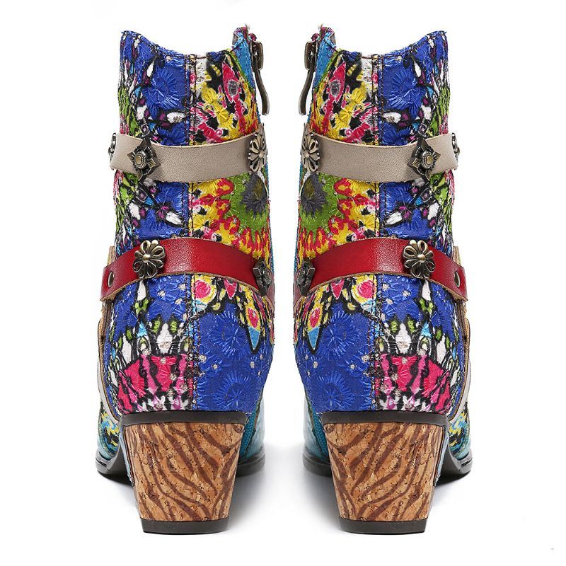 Dames Tribal Printing Splicing Blue Zipper Low Heel Rubber Short Boots