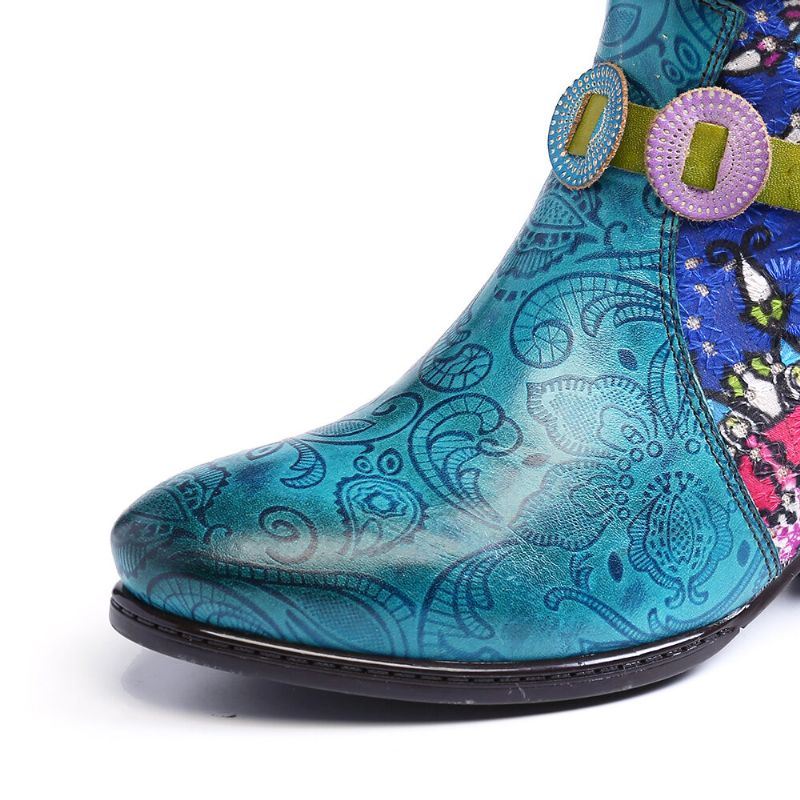 Dames Tribal Printing Splicing Blue Zipper Low Heel Rubber Short Boots