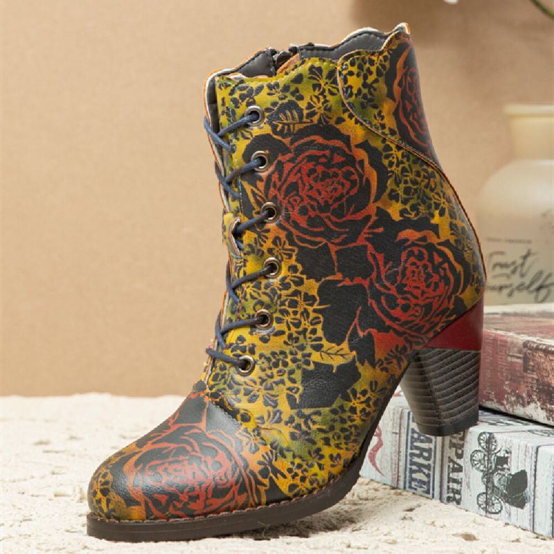 Dames Vintage Bloemen Bedrukt Comfy Warm Gevoerde Rits Chunky Heel Korte Laarzen