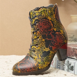 Dames Vintage Bloemen Bedrukt Comfy Warm Gevoerde Rits Chunky Heel Korte Laarzen