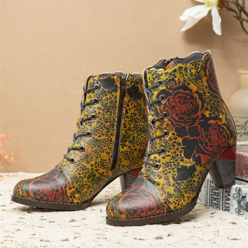 Dames Vintage Bloemen Bedrukt Comfy Warm Gevoerde Rits Chunky Heel Korte Laarzen