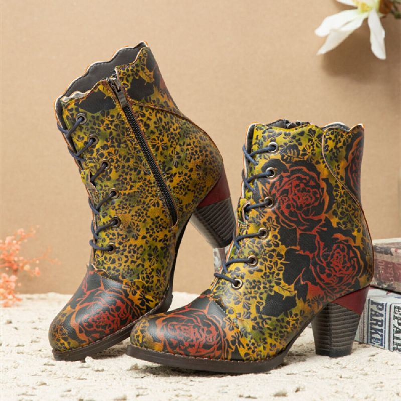 Dames Vintage Bloemen Bedrukt Comfy Warm Gevoerde Rits Chunky Heel Korte Laarzen