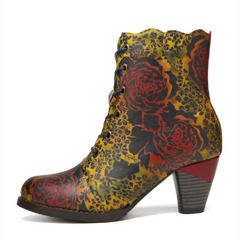 Dames Vintage Bloemen Bedrukt Comfy Warm Gevoerde Rits Chunky Heel Korte Laarzen