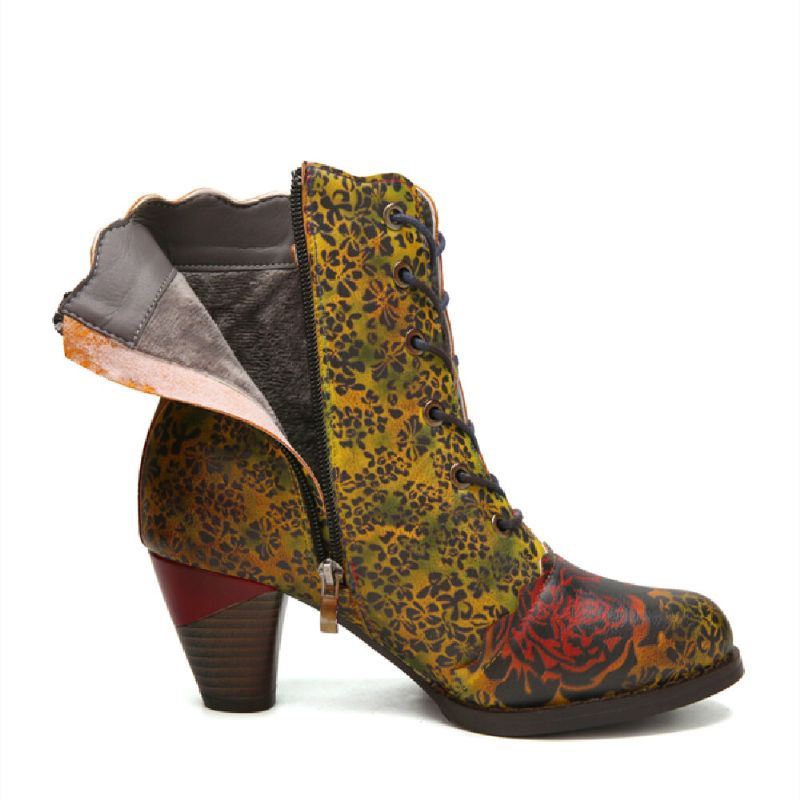 Dames Vintage Bloemen Bedrukt Comfy Warm Gevoerde Rits Chunky Heel Korte Laarzen