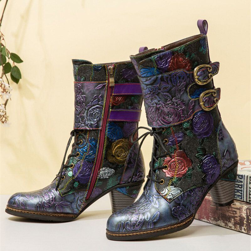 Dames Vintage Bloemen Reliëf Echt Leer Warme Voering Casual Chunky Heel Boots