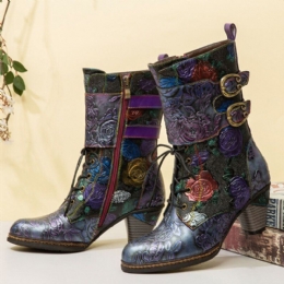 Dames Vintage Bloemen Reliëf Echt Leer Warme Voering Casual Chunky Heel Boots