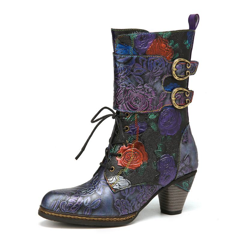 Dames Vintage Bloemen Reliëf Echt Leer Warme Voering Casual Chunky Heel Boots