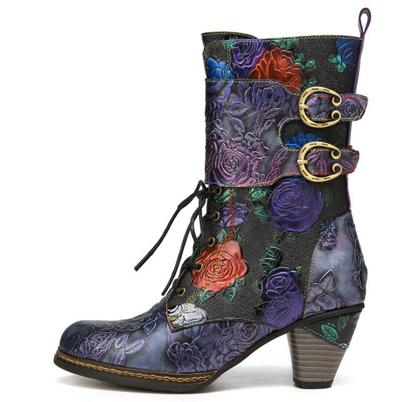 Dames Vintage Bloemen Reliëf Echt Leer Warme Voering Casual Chunky Heel Boots