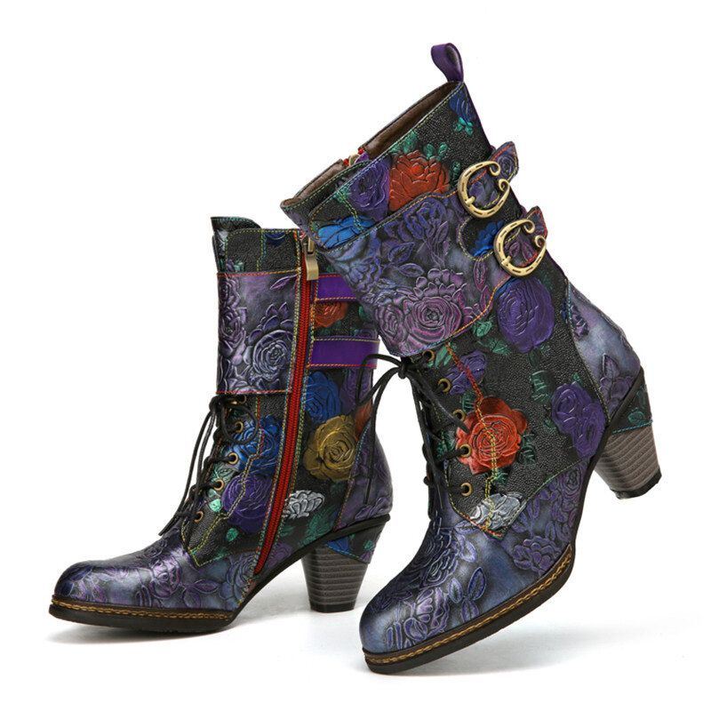 Dames Vintage Bloemen Reliëf Echt Leer Warme Voering Casual Chunky Heel Boots