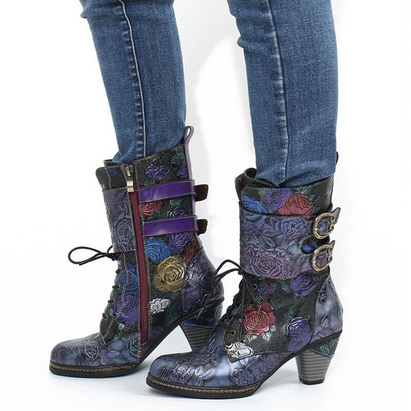 Dames Vintage Bloemen Reliëf Echt Leer Warme Voering Casual Chunky Heel Boots