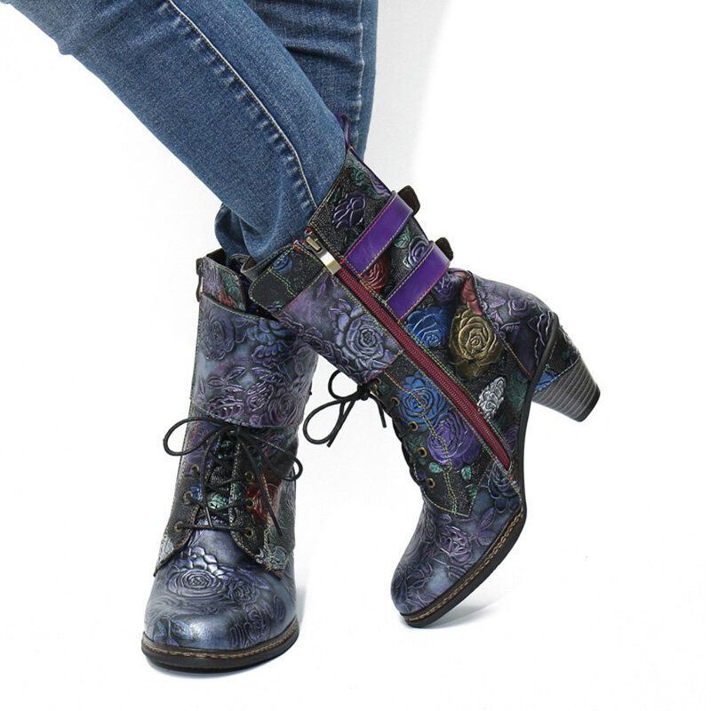 Dames Vintage Bloemen Reliëf Echt Leer Warme Voering Casual Chunky Heel Boots