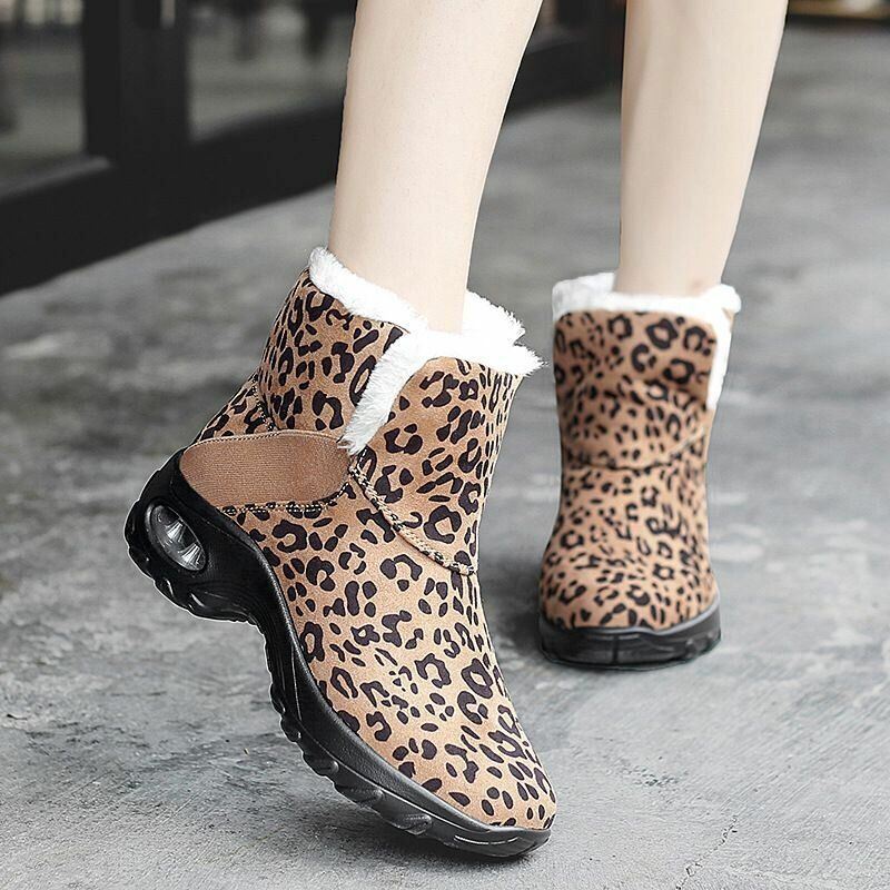 Dames Warm Gevoerde Antislip Leopard Slip On Korte Snowboots