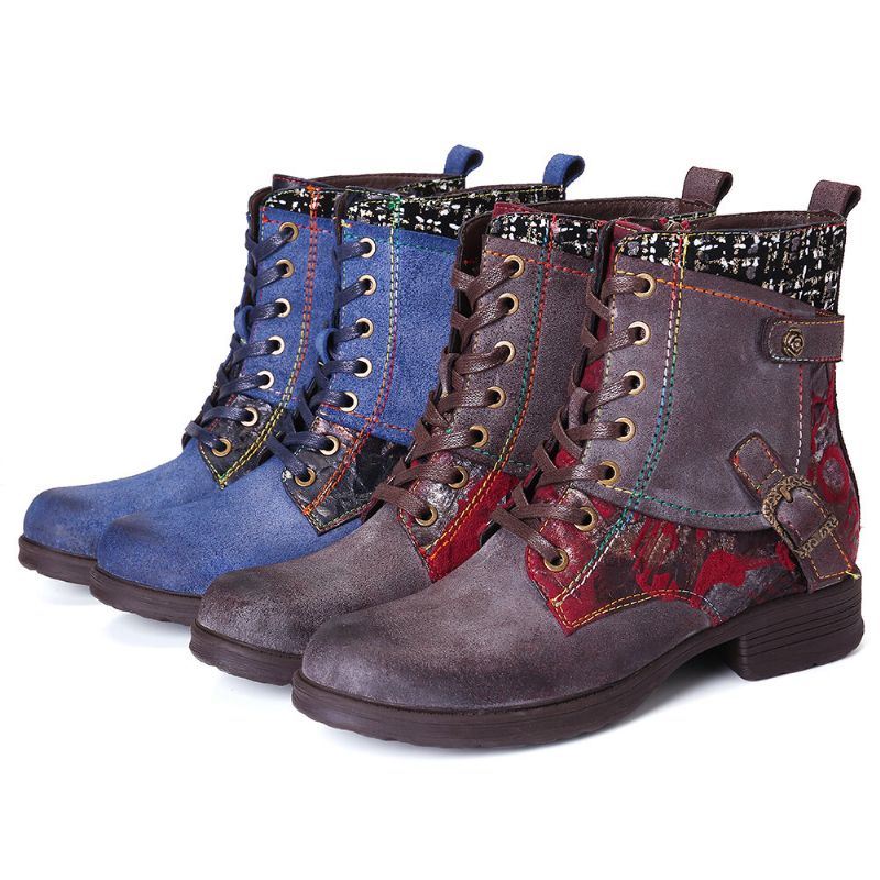 Dames Winter Warm Gevoerde Splitsing Veters Rits Ronde Neus Blokhak Combat Boots