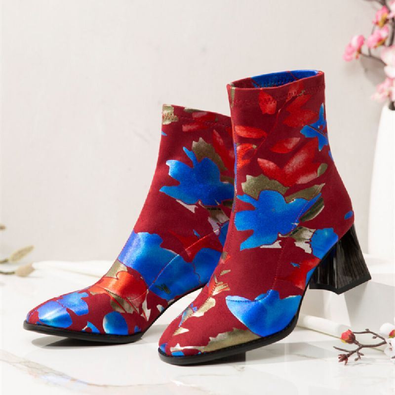 Damesmode Bloemen Bedrukte Suède Warm Gevoerde Elastische Slip On Chunky Heel Korte Laarzen