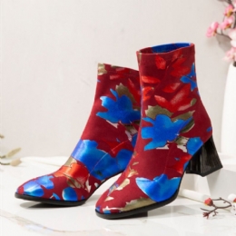 Damesmode Bloemen Bedrukte Suède Warm Gevoerde Elastische Slip On Chunky Heel Korte Laarzen