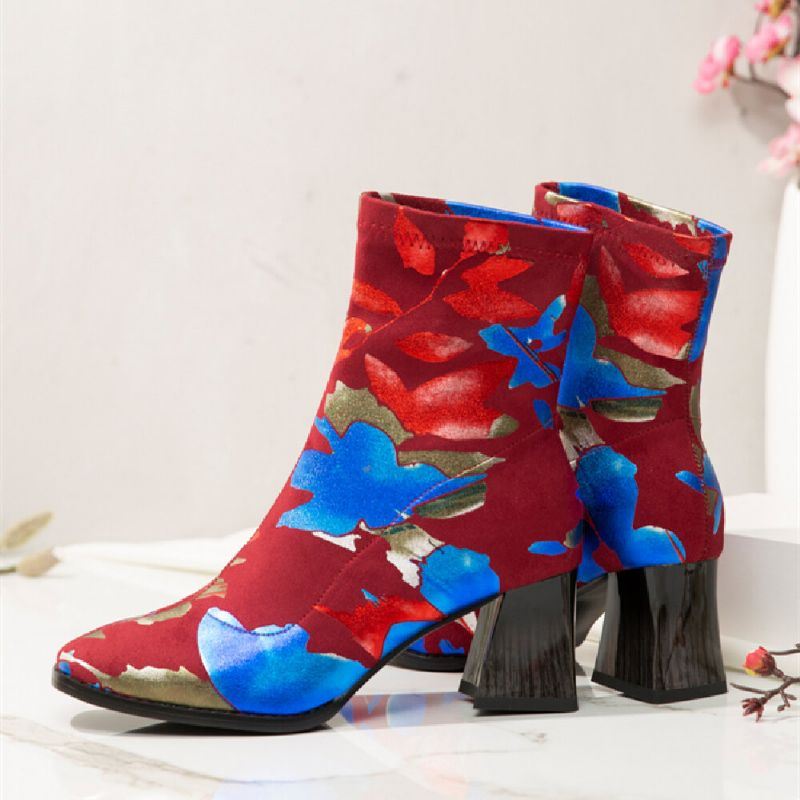 Damesmode Bloemen Bedrukte Suède Warm Gevoerde Elastische Slip On Chunky Heel Korte Laarzen