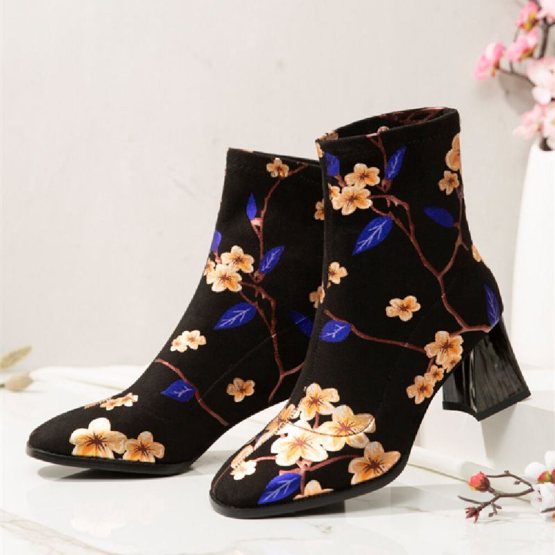 Damesmode Bloemen Bedrukte Suède Warm Gevoerde Elastische Slip On Chunky Heel Korte Laarzen