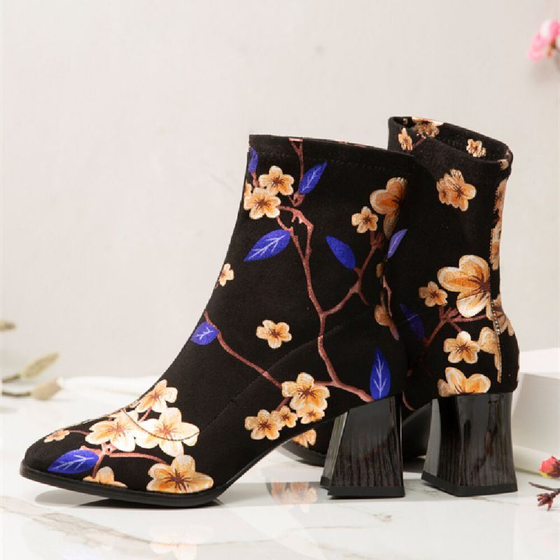 Damesmode Bloemen Bedrukte Suède Warm Gevoerde Elastische Slip On Chunky Heel Korte Laarzen