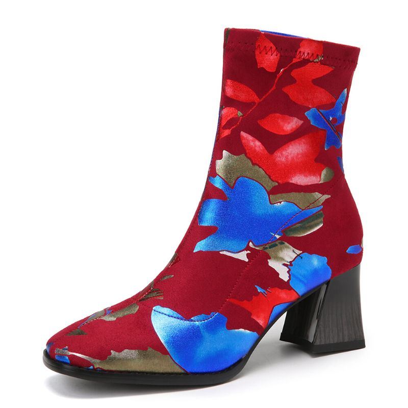 Damesmode Bloemen Bedrukte Suède Warm Gevoerde Elastische Slip On Chunky Heel Korte Laarzen