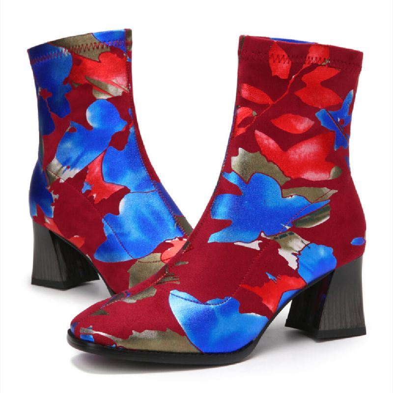 Damesmode Bloemen Bedrukte Suède Warm Gevoerde Elastische Slip On Chunky Heel Korte Laarzen