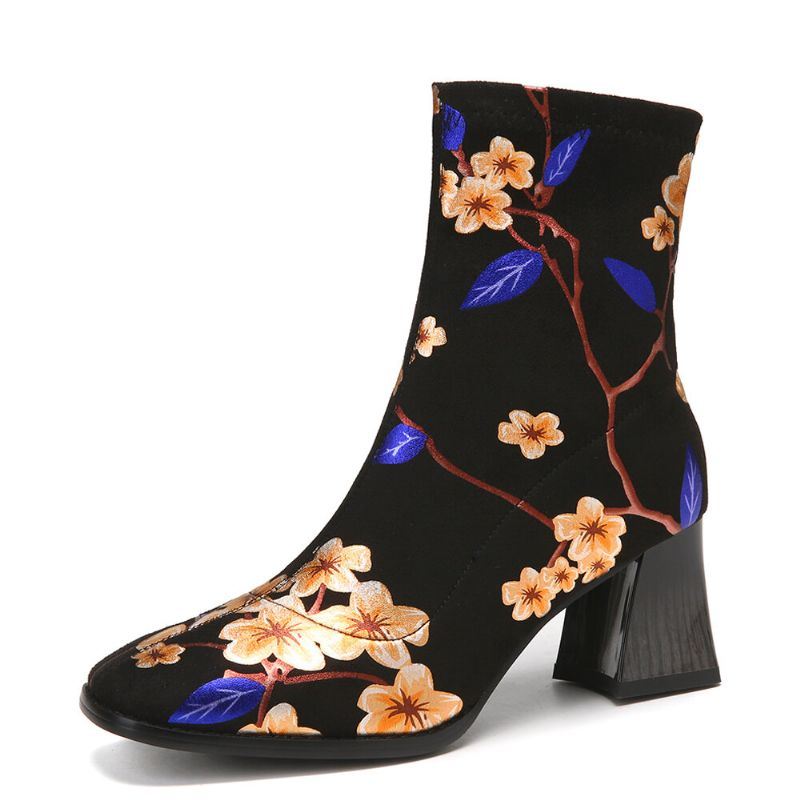 Damesmode Bloemen Bedrukte Suède Warm Gevoerde Elastische Slip On Chunky Heel Korte Laarzen