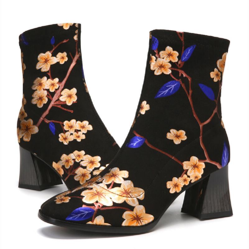 Damesmode Bloemen Bedrukte Suède Warm Gevoerde Elastische Slip On Chunky Heel Korte Laarzen