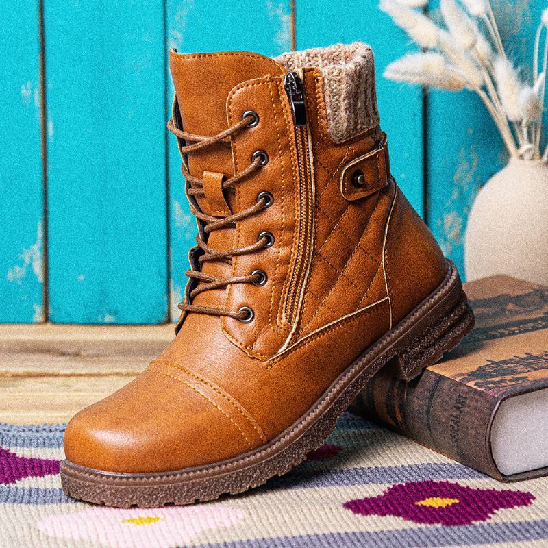 Grote Maat Dames Casual Soft Comfy Warm Gevoerd Patchwork Wollen Zijrits Combat Boots