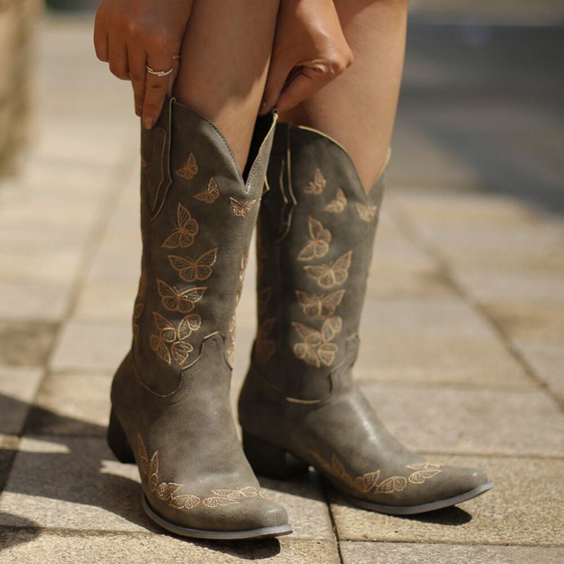 Grote Maat Dames Vlinder Decor Puntschoen Half Kuit Cowboylaarzen