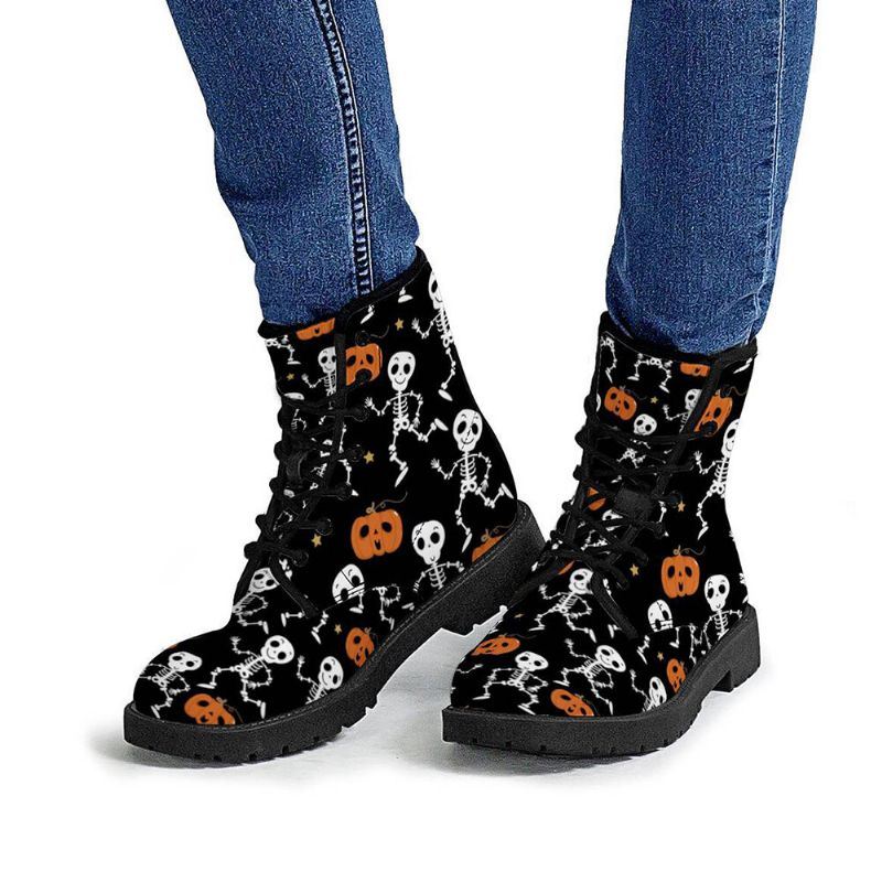 Halloween Dames Grappige Skelet Pompoen Afdrukken Zachte Rubberen Antislip Zool Martin Boots