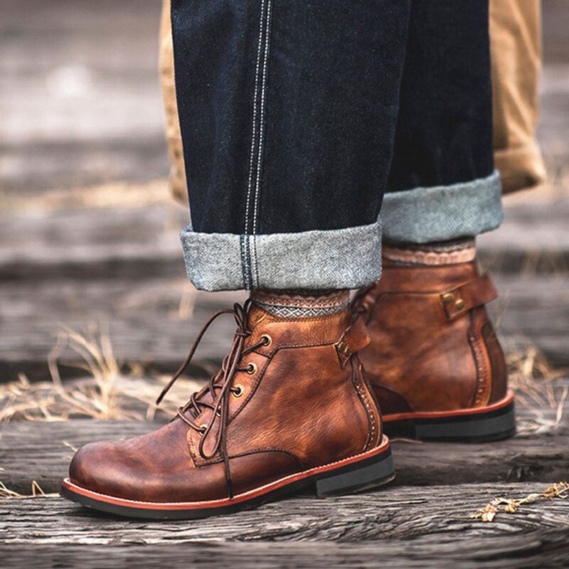 Heren Ademende Zachte Zool Vintage Ronde Neus Veterschoenen Casual Martin Laarzen