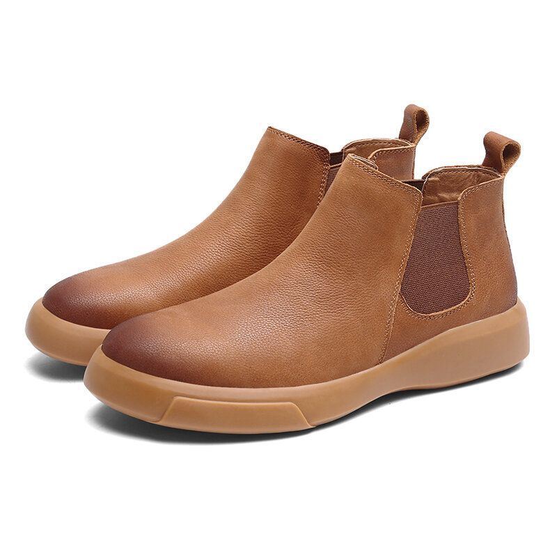 Heren Comfy Rundlederen Antislip Elastische Slip On Casual Chelsea Boots