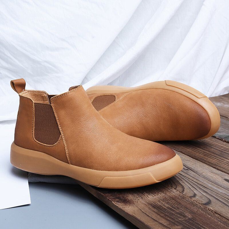 Heren Comfy Rundlederen Antislip Elastische Slip On Casual Chelsea Boots