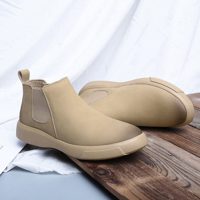 Heren Comfy Rundlederen Antislip Elastische Slip On Casual Chelsea Boots