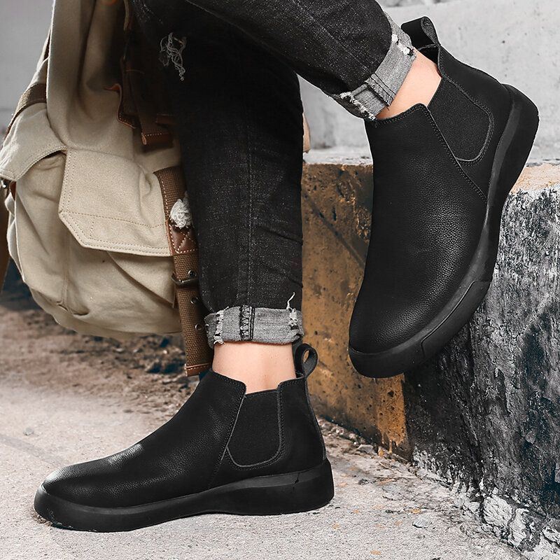 Heren Comfy Rundlederen Antislip Elastische Slip On Casual Chelsea Boots