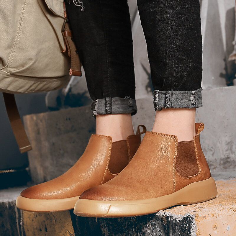 Heren Comfy Rundlederen Antislip Elastische Slip On Casual Chelsea Boots