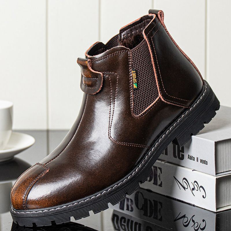 Heren Echt Leer Slip-on Antislip Plus Fluwelen Warme Chelsea Boots Martin Boots