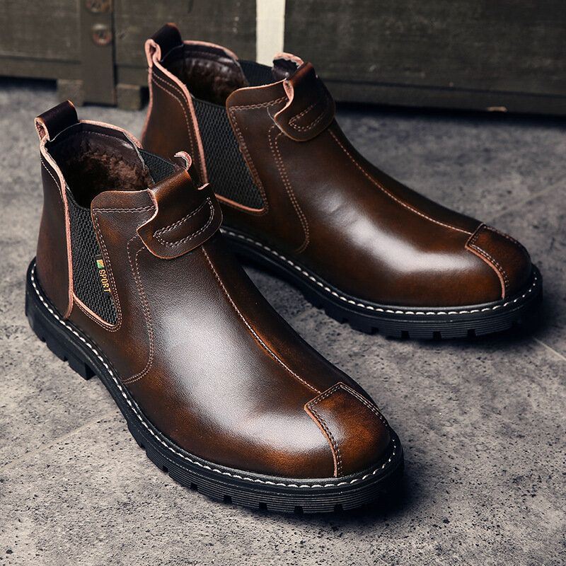 Heren Echt Leer Slip-on Antislip Plus Fluwelen Warme Chelsea Boots Martin Boots