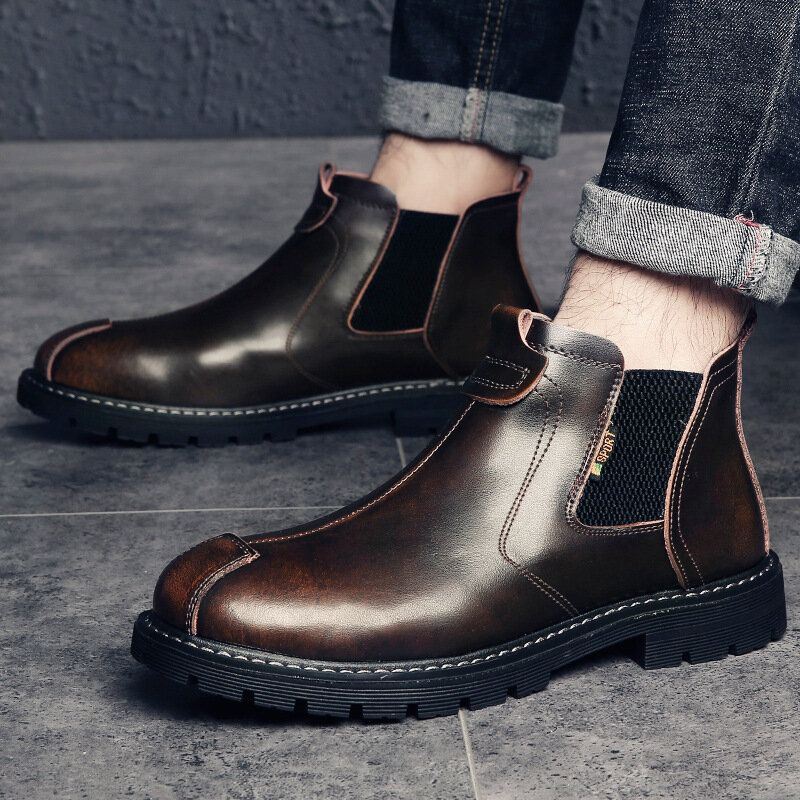 Heren Echt Leer Slip-on Antislip Plus Fluwelen Warme Chelsea Boots Martin Boots