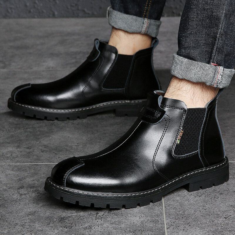 Heren Echt Leer Slip-on Antislip Plus Fluwelen Warme Chelsea Boots Martin Boots