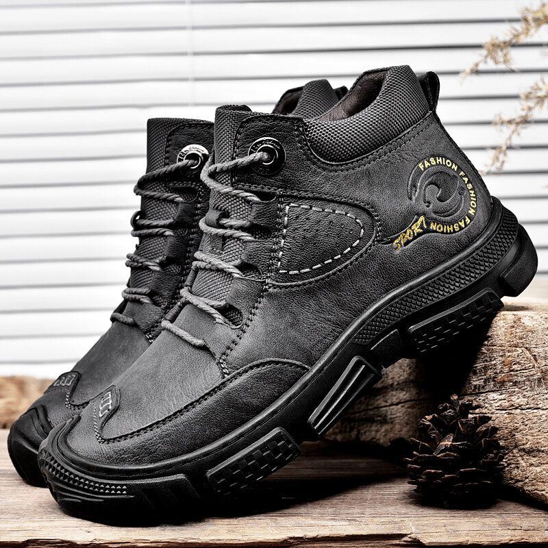 Heren Echt Leer Zachte Zool Veters Wandelschoenen Casual Tooling Laarzen