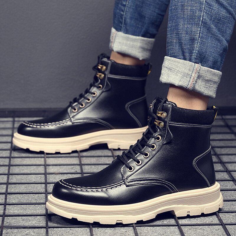 Heren Lederen Ademende Zachte Zool Comfortabele Engeland Stijl Pure Kleur Casual Martin Boots