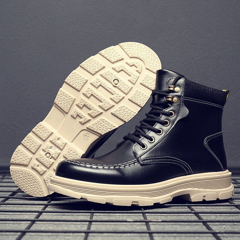 Heren Lederen Ademende Zachte Zool Comfortabele Engeland Stijl Pure Kleur Casual Martin Boots