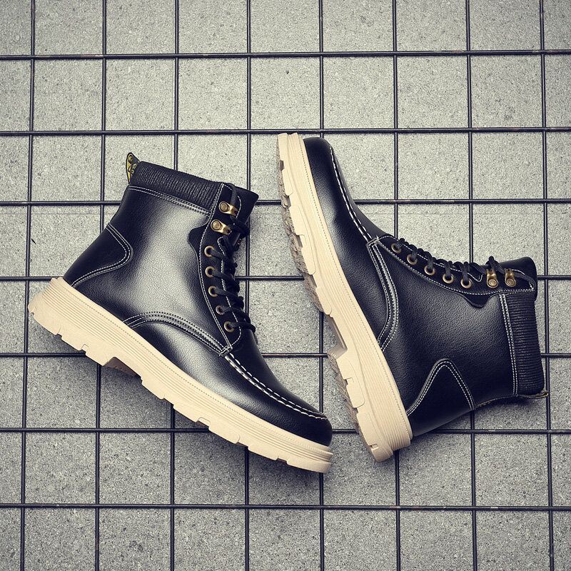 Heren Lederen Ademende Zachte Zool Comfortabele Engeland Stijl Pure Kleur Casual Martin Boots