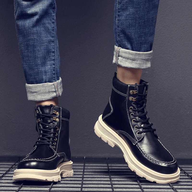 Heren Lederen Ademende Zachte Zool Comfortabele Engeland Stijl Pure Kleur Casual Martin Boots