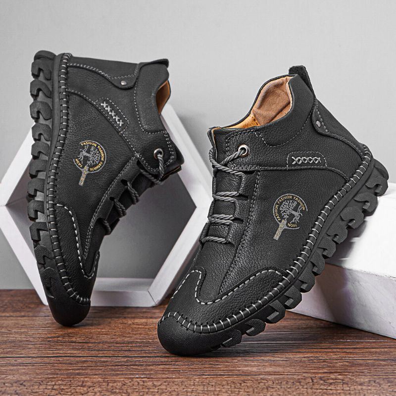 Heren Lederen Handstiksels Ademende Zachte Zool Gesloten Teen Lace Up Casual Romeinse Laarzen