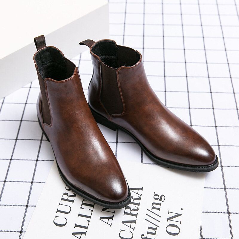 Heren Lederen Puntige Teen Zachte Zool Trendy Slip Op Casual Chelsea Boots