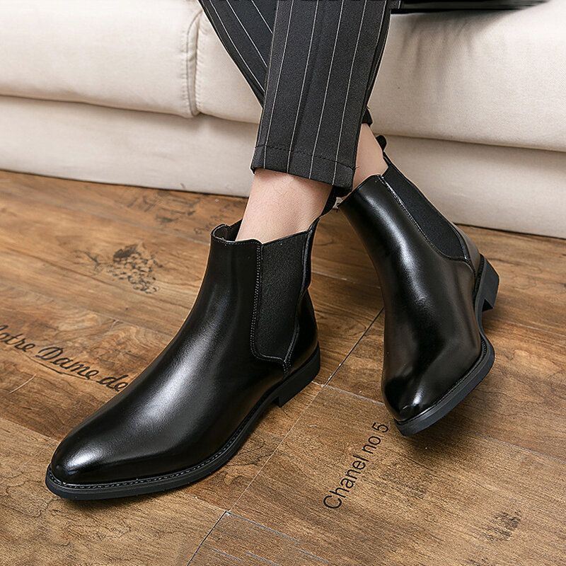 Heren Lederen Puntige Teen Zachte Zool Trendy Slip Op Casual Chelsea Boots