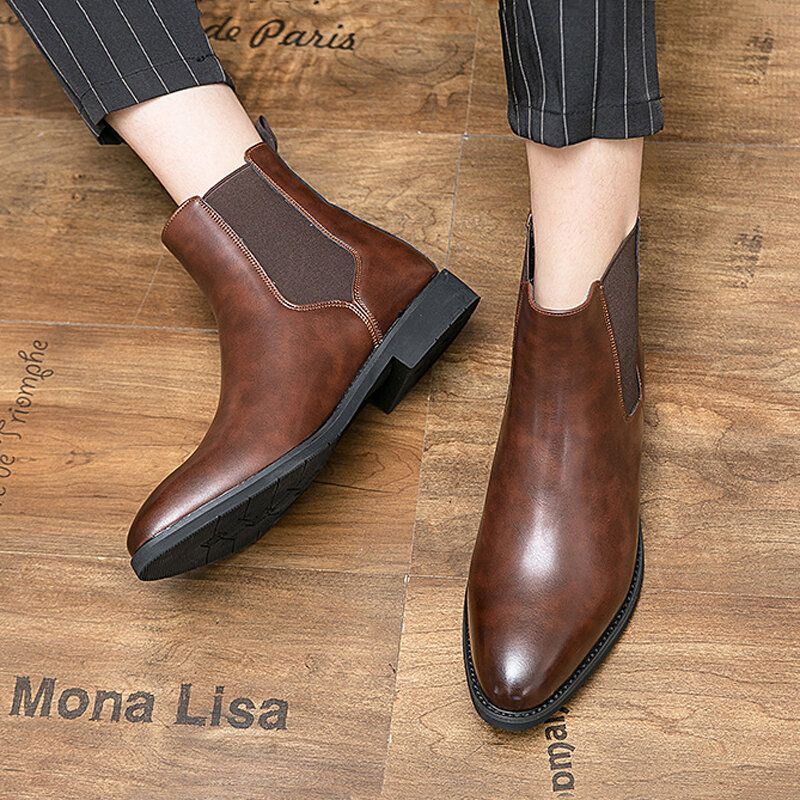 Heren Lederen Puntige Teen Zachte Zool Trendy Slip Op Casual Chelsea Boots